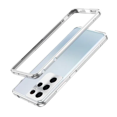 For Samsung Galaxy S23 Ultra Metal Frame Phone Bumper Case with Camera Lens Cover - Silver  /  Silver