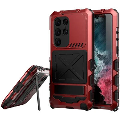 For Samsung Galaxy S23 Ultra Metal TPU Phone Case Anti-Drop Shockproof Phone Cover with Kickstand - Red