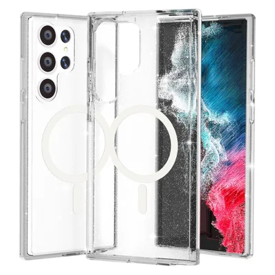 For Samsung Galaxy S23 Ultra Magnetic Clear Case Hard PC Soft TPU Glitter Phone Cover - Shiny White