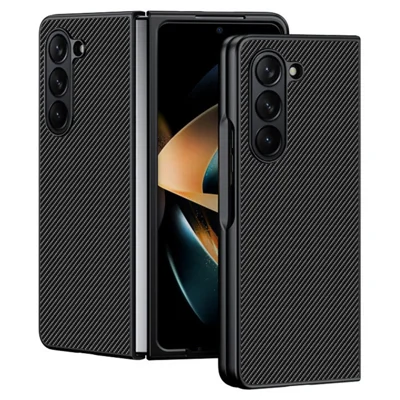 Für Samsung Galaxy Z Fold5 5G Slim Fit PU Leder + PC-Hülle Carbon Fiber Texture Phone Cover - Carbon Black