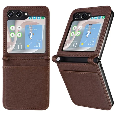 For Samsung Galaxy Z Flip5 5G Litchi Texture One-piece Phone Case PU Leather + PC Card Slot Cover - Brown