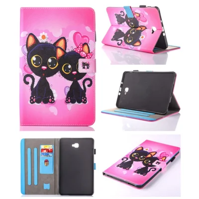 For Samsung Galaxy Tab A 10.1 (2016) T580 T585 Patterned Leather Card Slot Shell - Two Lovely Cats