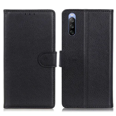 For Sony Xperia 10 II Phone Wallet Case Litchi Texture Leather Shockproof Phone Protector with Card Slots - Black