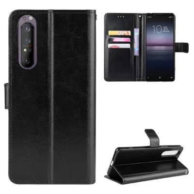 Crazy Horse Texture Protector Wallet Stand Leather Phone Case for Sony Xperia 5 II - Black