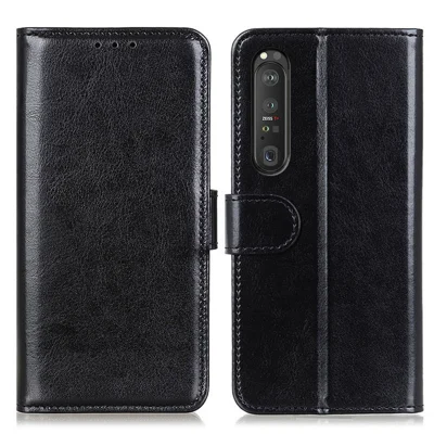 Crazy Horse ID&Credit Card Pockets Wallet Leather Case for Sony Xperia 1 III 5G Phone Protective Cover - Black