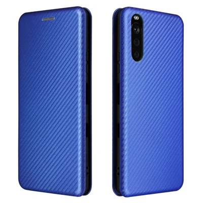 Automatisch sluitende anti-krasschuif met koolstofvezelstructuur met standaard voor Sony Xperia 10 III 5G lederen hoes - Blauw