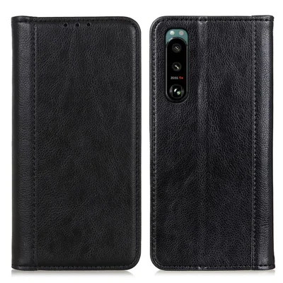Auto-absorbed Litchi Texture Split Leather Case Stand Cover with Wallet for Sony Xperia 5 III 5G - Black