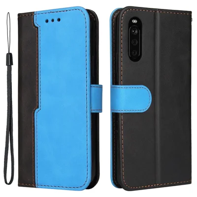 Two-Color Phone Case Leather Wallet Stand Case with Strap for Sony Xperia 10 III 5G / Xperia 10 III Lite - Blue