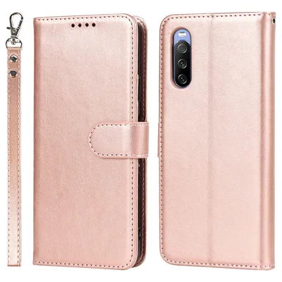 R61 Texture Felled Seam Phone Case PU Leather Anti-scratch Well-protected Wallet Stand Shell with Strap for Sony Xperia 10 III 5G/Xperia 10 III Lite - Rose Gold