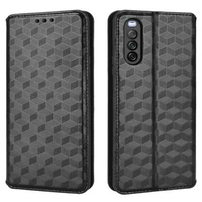 For Sony Xperia 10 III 5G/Xperia 10 III Lite Adjustable Stand Rhombus Imprinted Case Magnetic Closure Anti-scratch Shockproof PU Leather Wallet Mobile Phone Cover - Black