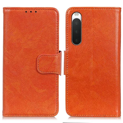 Nappastructuur Gespleten Leren Telefoonhoesje voor Sony Xperia 10 IV, Folio Flip Portemonnee met Vouwbare Standering - Oranje