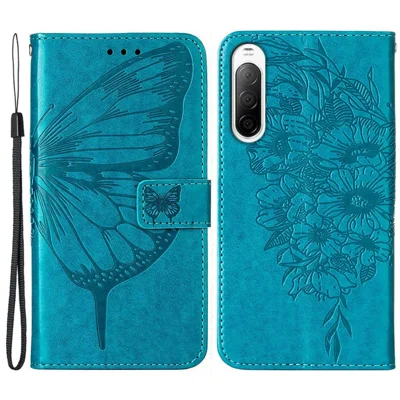 Portemonnee-hoesje voor Sony Xperia 10 IV met polsbandje, vlinderbedrukking, lederen telefoonhoes - Blauw