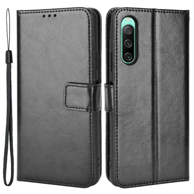 Wallet Phone Case for Sony Xperia 10 IV, Crazy Horse Texture PU Leather Flip Stand Phone Cover with Strap - Black