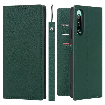 For Sony Xperia 10 IV 5G Shockproof Genuine Leather Case Litchi Texture Wallet Stand Anti-scratch Phone Shell with Hand Strap - Green
