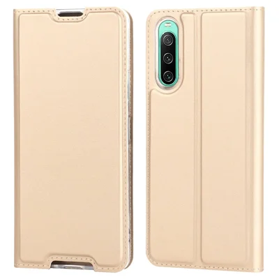 Rondom beschermd leren hoesje voor Sony Xperia 10 IV 5G, magnetisch automatisch sluitend standaard anti-kras telefoonhoesje - Goud