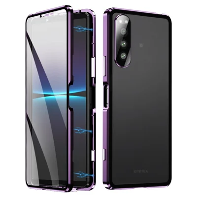 For Sony Xperia 5 IV 5G Phone Case Metal Frame + Tempered Glass + PC Back Shock-absorbing Hybrid Cover Magnetic Closure Phone Shell Case - Purple