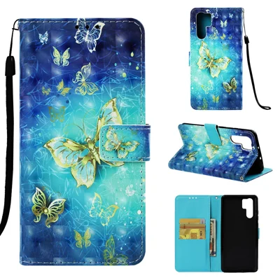 Pattern Printing Light Spot Decor Stand Leather Wallet Cover for Huawei P30 Pro - Gold and Blue Butterfly