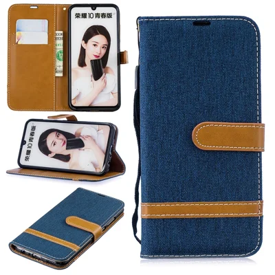 Folia chronionowa z dwukolorową powłoką z dzianiny jeansowej z syntetycznej skóry PU z podstawką dla Huawei P Smart (2019) / Honor 10 Lite – ciemnoniebieska