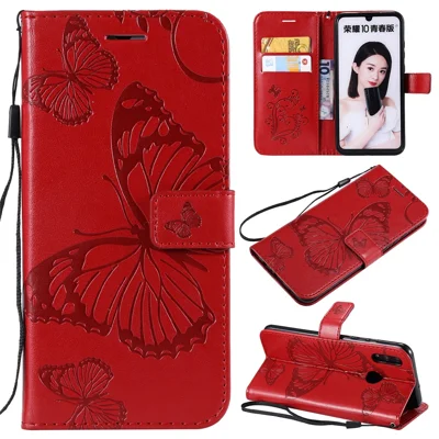 Handytasche für Huawei Honor 10 Lite / P Smart (2019), mit Blumen- und Schmetterlingsmuster, Ledertasche mit Ständer – Rot
