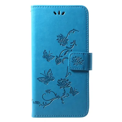 For Huawei Y7 (2019) Imprint Butterfly Flower Leather Mobile Shell [Wallet Stand] - Blue