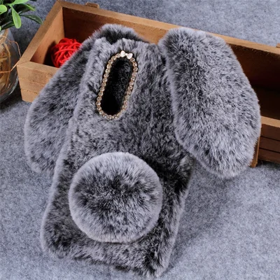 Rabbit Shape Fluffy Fur Coated Rhinestone TPU Case for Huawei P30 - Dark Grey