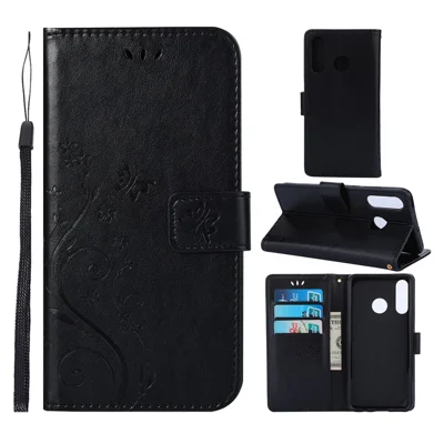Imprint Butterfly Flower Leather Wallet Case for Huawei P30 Lite - Black