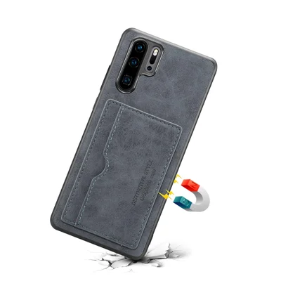 Card Holder PU Leather Coated TPU Phone Shell with Kickstand for Huawei P30 Pro - Dark Grey