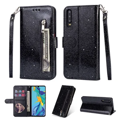 Glitter Powder Zippered Stand Leather Wallet Case with Strap for Huawei P30 - Black