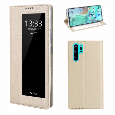 VILI DMX Cross Texture View Window Leather Flip Phone Cover with Card Slot for Huawei P30 Pro - Gold