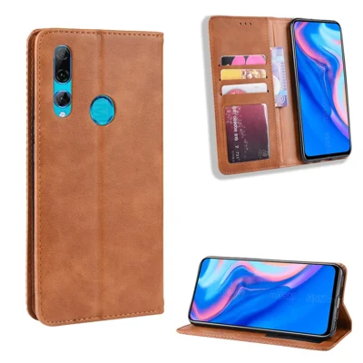Étui portefeuille en cuir PU de style vintage absorbé par l'auto pour Huawei Honor 9X (Global) / P Smart Z / Y9 Prime 2019 / Enjoy 10 Plus - Marron