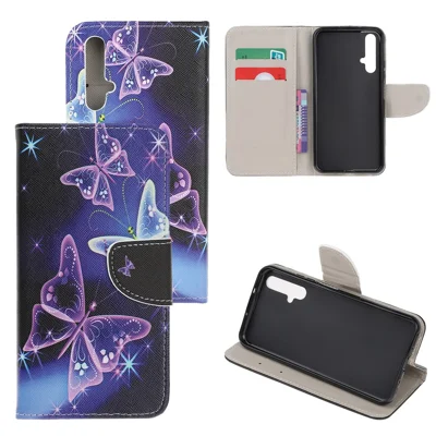 Cross Texture Pattern Printing Flip Leather Wallet Stand Phone Cover for Huawei Honor 20/Honor 20s - Purple Butterflies
