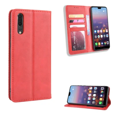 Carteira de Couro PU Retrô Suporte de Telefone Capa para Huawei P20 - Vermelho