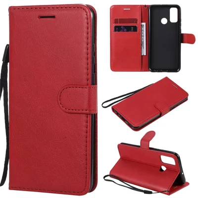 For Huawei P Smart 2020 Case Solid Color Leather Mobile Cover Wallet Stand with Strap - Red