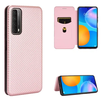 Coque en fibre de carbone absorbante automatique pour Huawei P smart 2021/Y7a Étui en cuir avec support - Rose