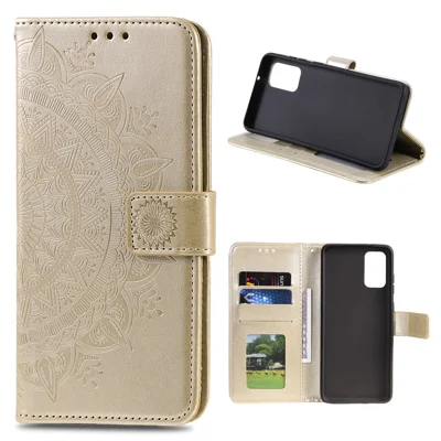 Imprinted Mandala Flower Wallet Leather Case with Strap for Huawei P smart 2021/Y7a - Gold