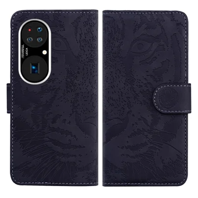 Tiger Pattern Imprinting Leather Cover for Huawei P50 Pro Wallet Stand Case - Black