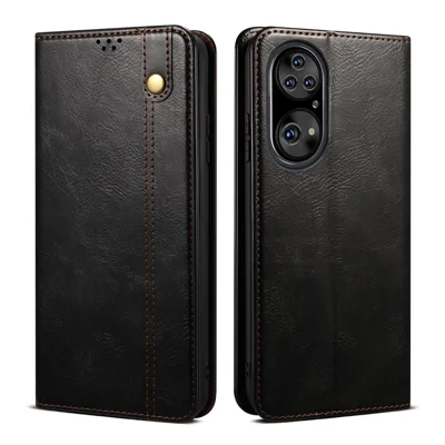 Waxy Crazy Horse Texture Leather Full Protection Wallet Stand Phone Case for Huawei P50 Pro - Black