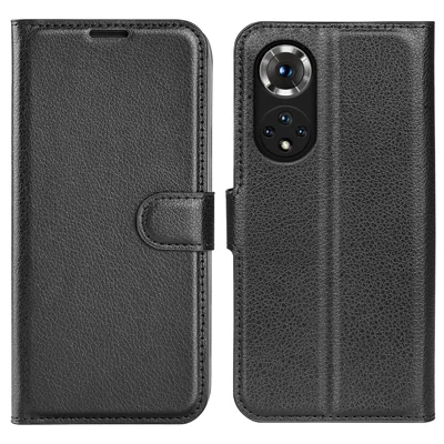 Folio Flip Full Protective Litchi Skin Leather Wallet Phone Stand Case Cover для Honor 50 - Черный