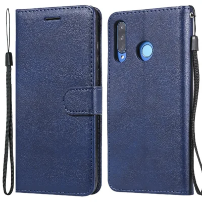 For Huawei P30 Lite / Nova 4e Case Solid Color Leather Mobile Cover Wallet Stand with Strap - Blue