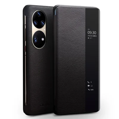 QIALINO Top Layer Cowhide Leather Phone Case Protector with View Window for Huawei P50 Pro - Black