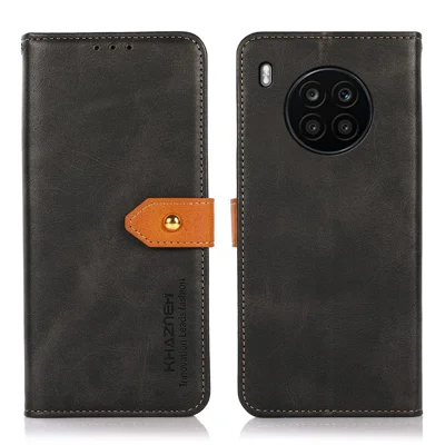 KHAZNEH All-round Protection Magnetic Golden Clasp PU Leather Phone Flip Cover Stand Wallet Shell for Honor 50 Lite/Huawei nova 8i - Black
