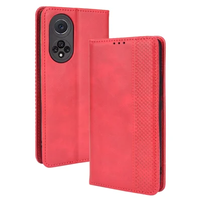 Retro Textured Surface Phone Leather Case Shockproof Wallet Stand Cover for Huawei nova 9 - Red