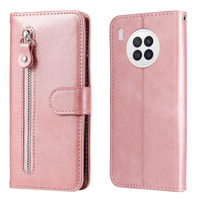 Zippered Pocket PU Leather Case Wallet Stand Design Phone Case for Huawei nova 8i/Honor 50 Lite - Rose Gold