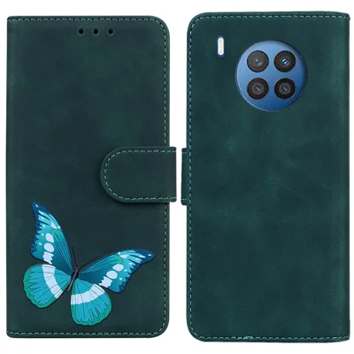 Butterfly Printing Stand Wallet Design Skin Touch Leather Phone Cover for Huawei nova 8i/Honor 50 Lite - Green