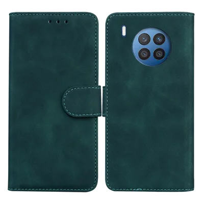Solid Color Shockproof Phone Cover PU Leather Stand Wallet Flip Case for Huawei nova 8i/Honor 50 Lite - Green