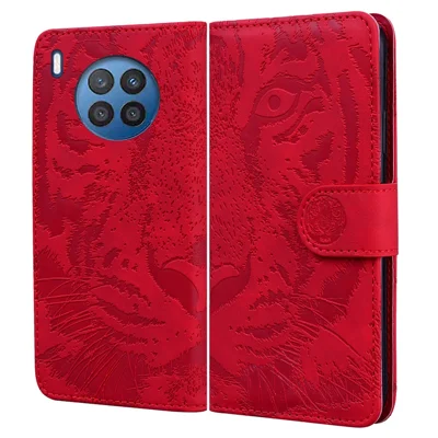 Tiger Pattern Imprinted Horizontal Flip PU Leather Case Magnetic Clasp Stand Wallet Phone Cover for Huawei nova 8i / Honor 50 Lite - Red
