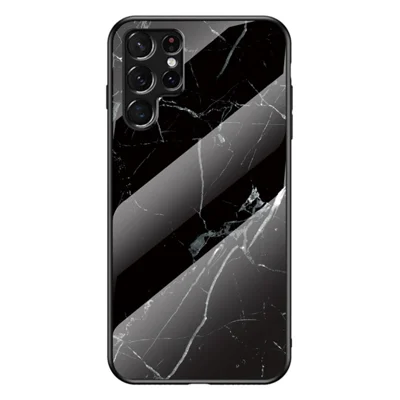 Anti-Scratch Marble Pattern Tempered Glass Back Soft TPU Frame Hybrid Shell for Samsung Galaxy S22 Ultra 5G - Black Marble