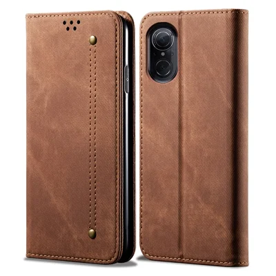 For Huawei nova 9 SE Magnetic Suction Jeans Cloth Texture Folio Case PU Leather Stand Wallet Flip Cover - Coffee