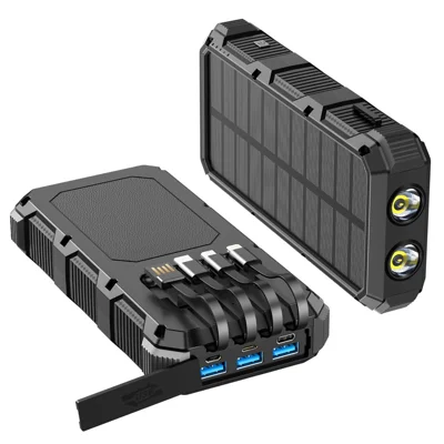 PSOOO M2 20000mAh 8-Output + 4-Input Solar Charging Phone External Battery Built-in 4-Cable Wireless Charging Power Bank with LED Flashlight - Black