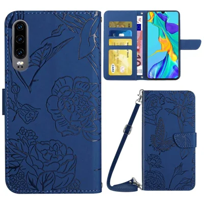 Чехол из кожи с ощущением кожи для Huawei P30, с тиснением в виде бабочек и цветов, с подставкой и бумажником, с плечевым ремнем - синий